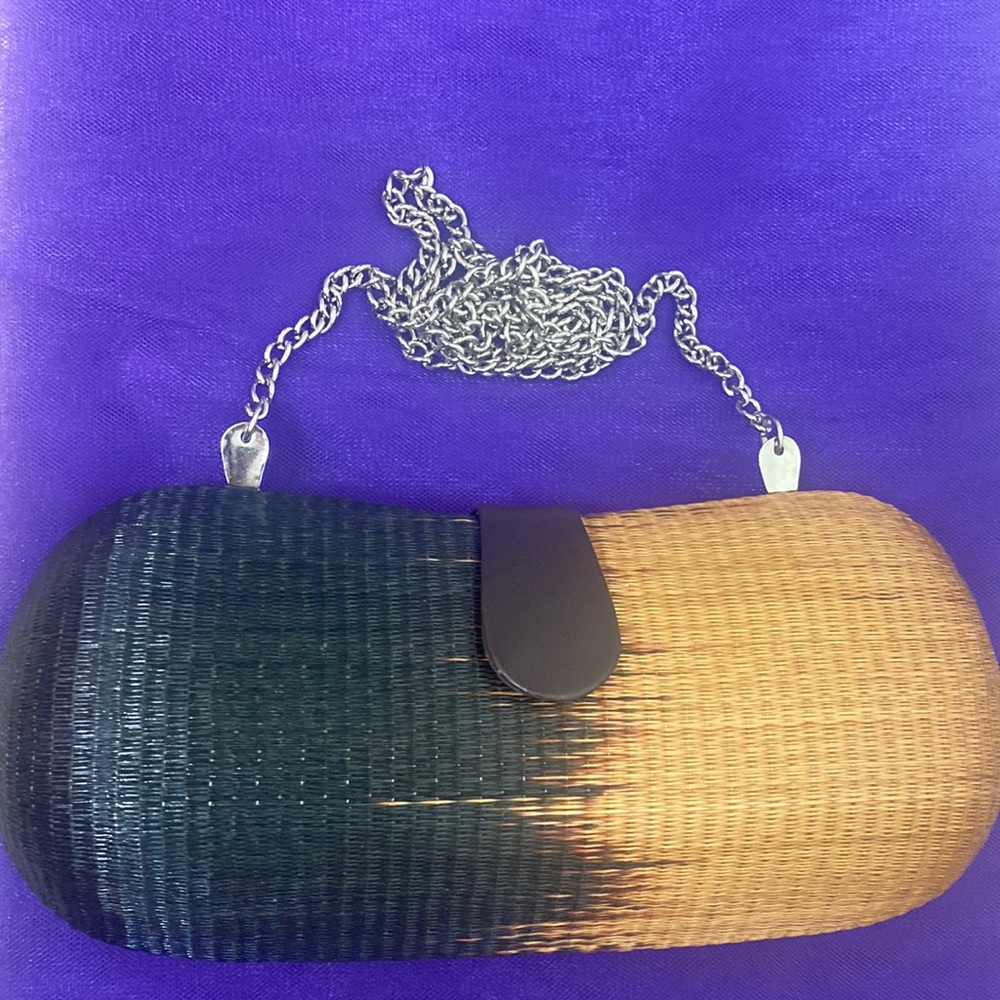 Le Sac Kultura black and tan ombré rattan clutch with silver strap